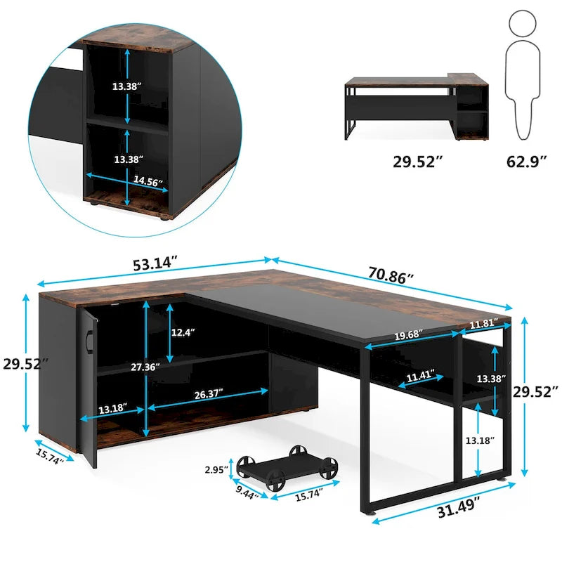 Scrivania a L con armadietto e ripiani, per 2 persone, 180 cm | Grigio/Nero, Marrone, Nero