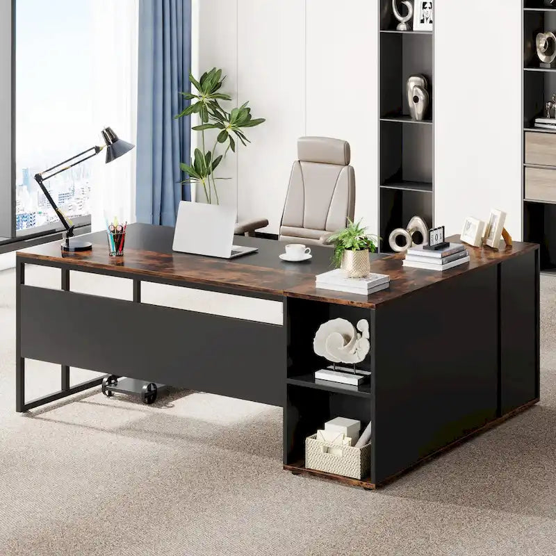 Scrivania a L con armadietto e ripiani, per 2 persone, 180 cm | Grigio/Nero, Marrone, Nero