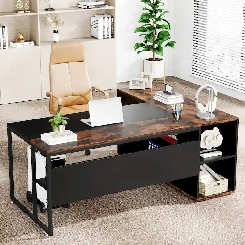 Scrivania a L con armadietto e ripiani, per 2 persone, 180 cm | Grigio/Nero, Marrone, Nero