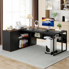 Scrivania a L con armadietto e ripiani, per 2 persone, 180 cm | Grigio/Nero, Marrone, Nero