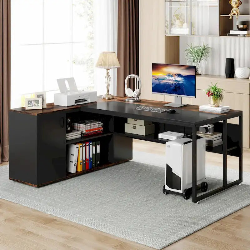 Scrivania a L con armadietto e ripiani, per 2 persone, 180 cm | Grigio/Nero, Marrone, Nero