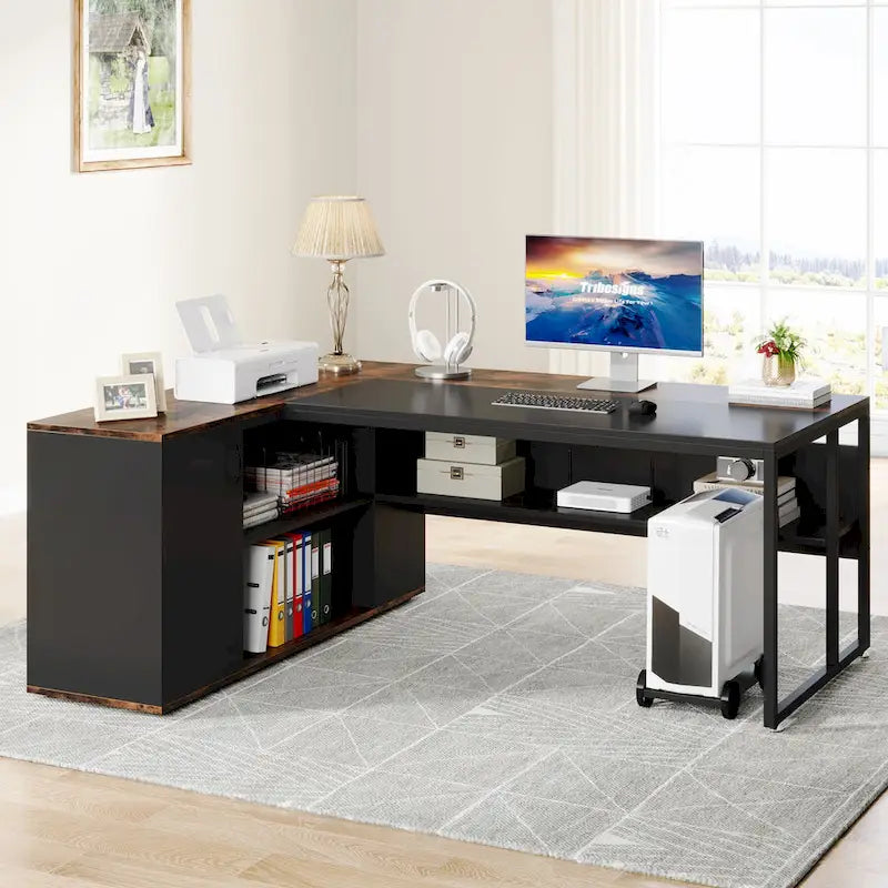 Scrivania a L con armadietto e ripiani, per 2 persone, 180 cm | Grigio/Nero, Marrone, Nero