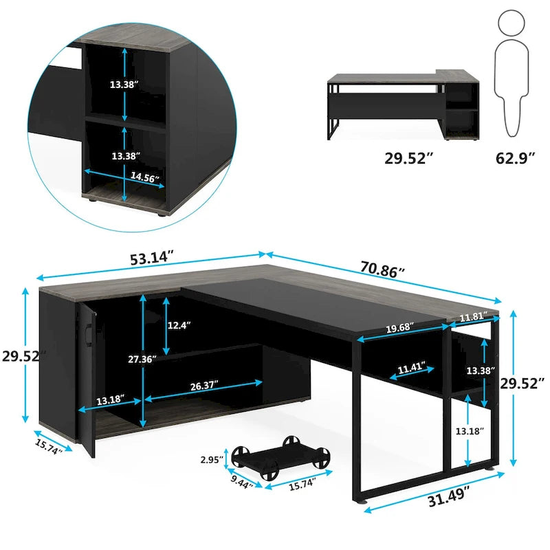 Scrivania a L con armadietto e ripiani, per 2 persone, 180 cm | Grigio/Nero, Marrone, Nero