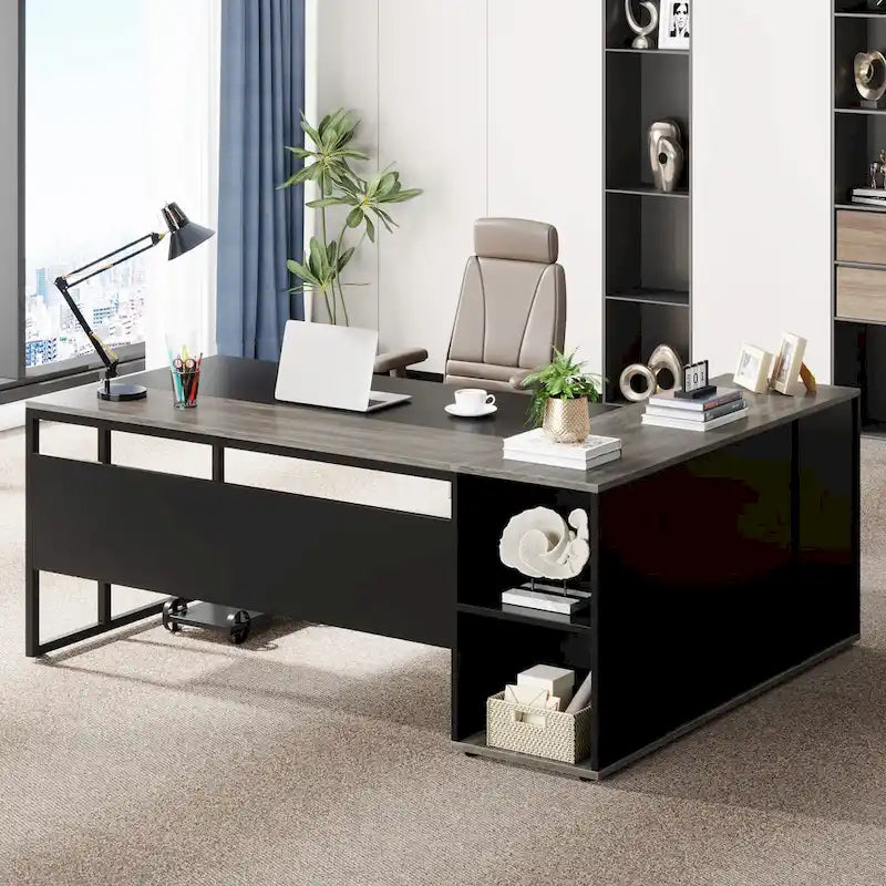Scrivania a L con armadietto e ripiani, per 2 persone, 180 cm | Grigio/Nero, Marrone, Nero