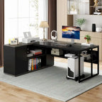 Scrivania a L con armadietto e ripiani, per 2 persone, 180 cm | Grigio/Nero, Marrone, Nero