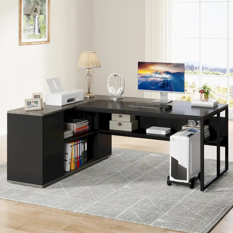Scrivania a L con armadietto e ripiani, per 2 persone, 180 cm | Grigio/Nero, Marrone, Nero