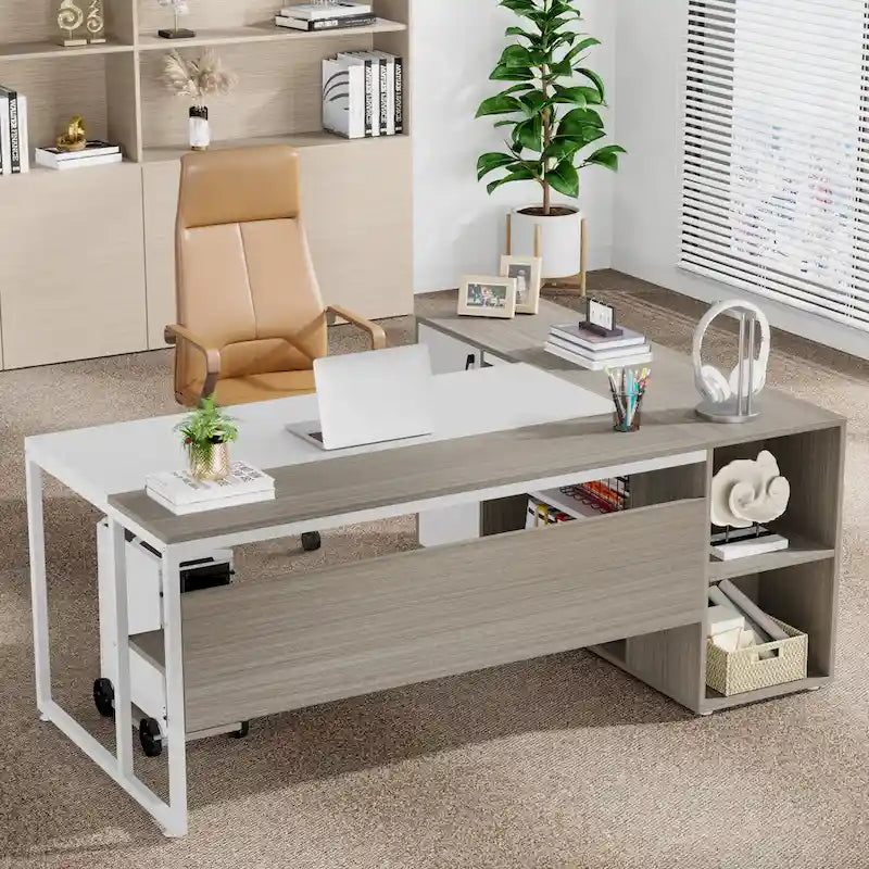 Scrivania a L con armadietto e ripiani, per 2 persone, 180 cm | Grigio/Nero, Marrone, Nero