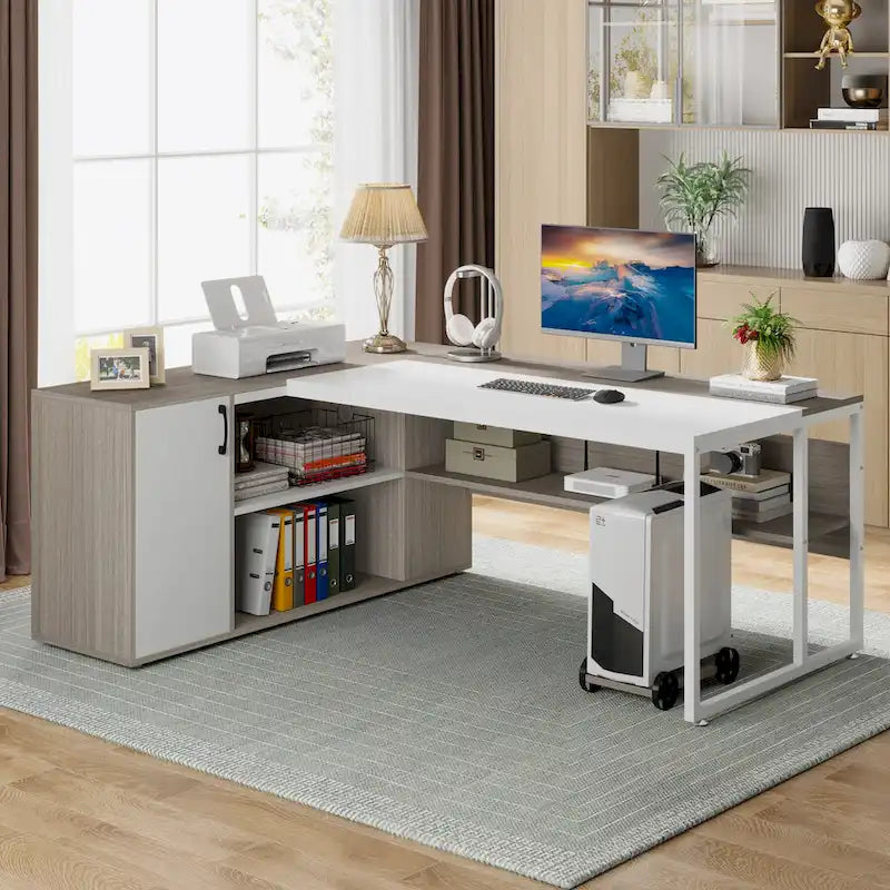 Scrivania a L con armadietto e ripiani, per 2 persone, 180 cm | Grigio/Nero, Marrone, Nero