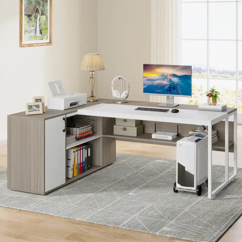 Scrivania a L con armadietto e ripiani, per 2 persone, 180 cm | Grigio/Nero, Marrone, Nero