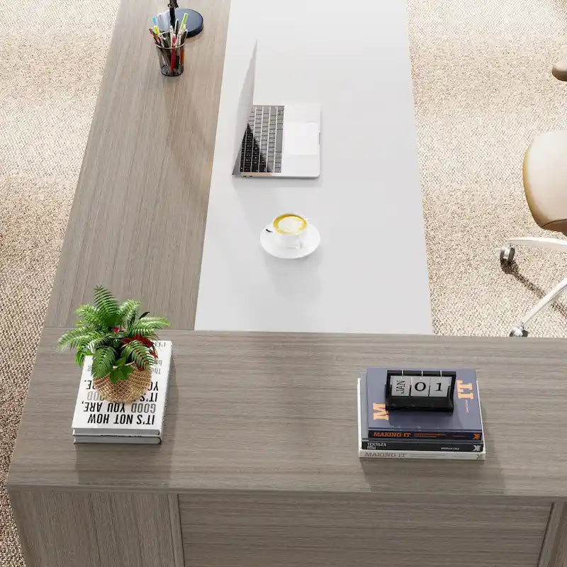 Scrivania a L con armadietto e ripiani, per 2 persone, 180 cm | Grigio/Nero, Marrone, Nero