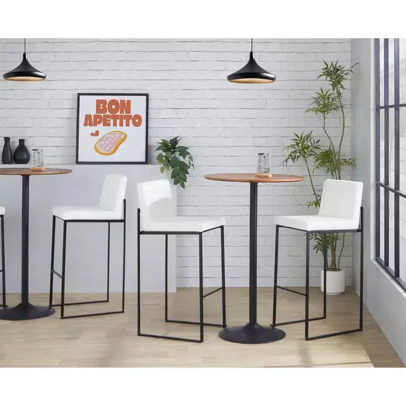 Tabouret de bar mi-dossier en similicuir blanc, structure en acier noir, lot de 3