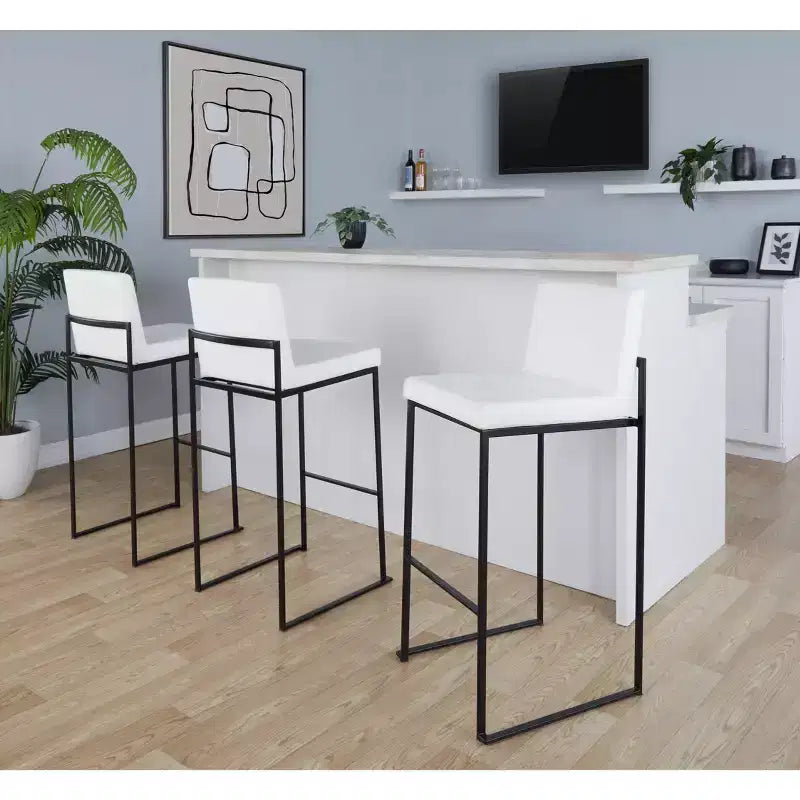 Tabouret de bar mi-dossier en similicuir blanc, structure en acier noir, lot de 3