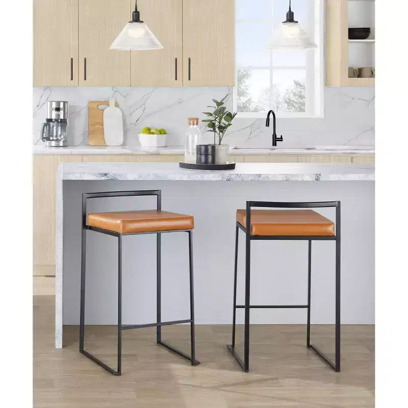 Tabourets de comptoir en métal noir et similicuir camel, lot de 3
