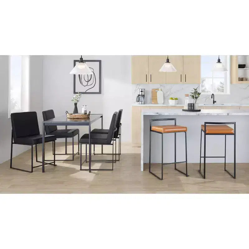 Tabourets de comptoir en métal noir et similicuir camel, lot de 3