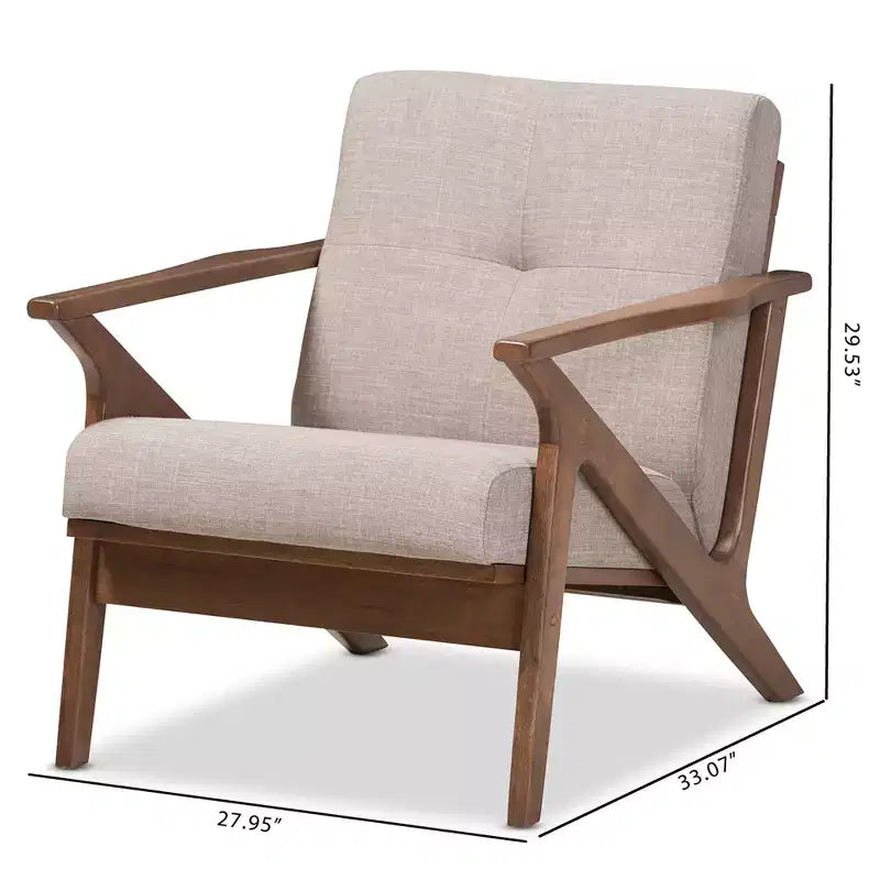 Fauteuil capitonné gris clair, finition noyer, 1 place