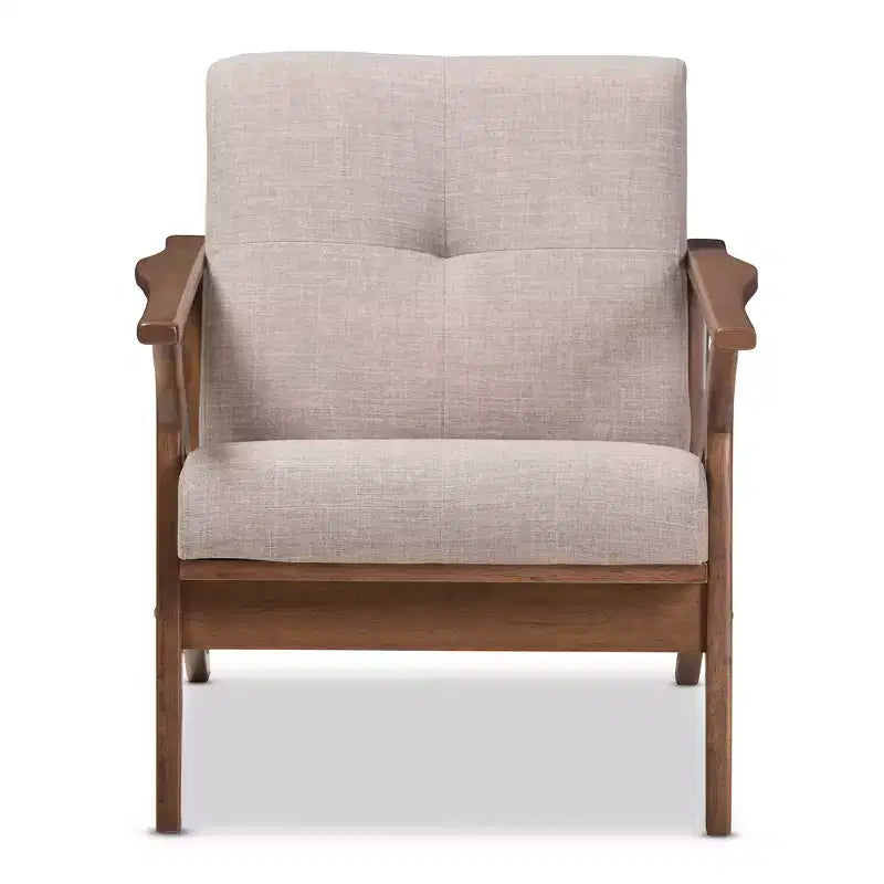 Fauteuil capitonné gris clair, finition noyer, 1 place