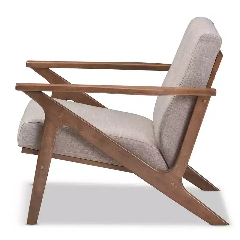 Fauteuil capitonné gris clair, finition noyer, 1 place