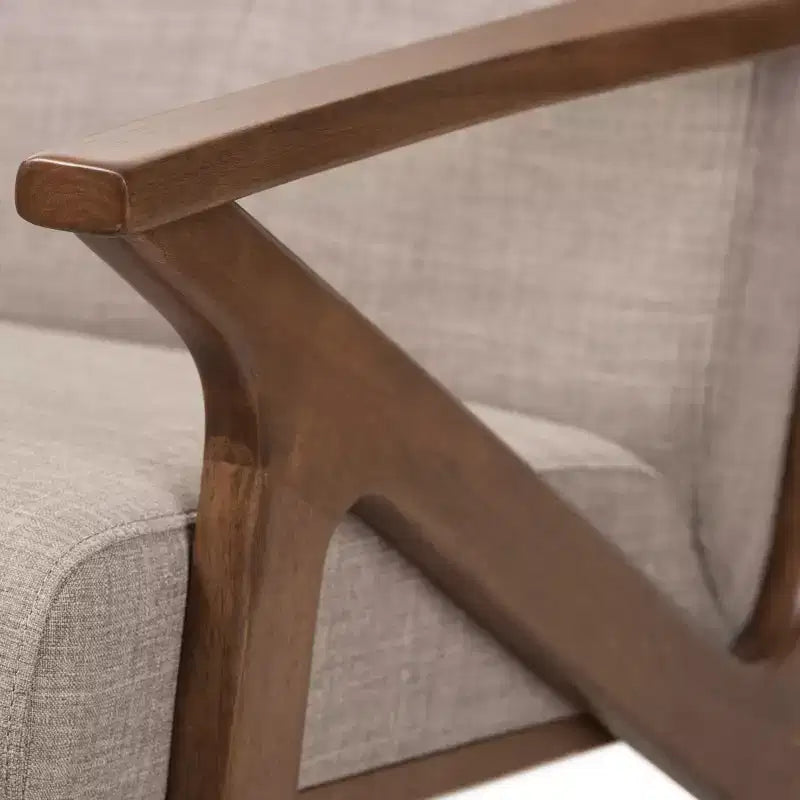 Fauteuil capitonné gris clair, finition noyer, 1 place
