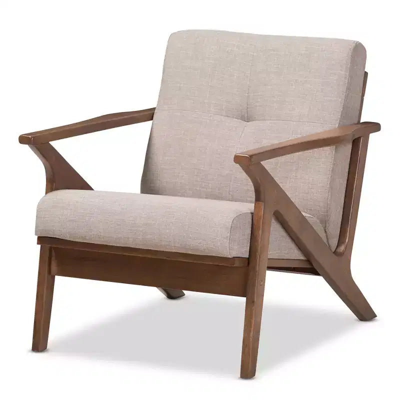 Fauteuil capitonné gris clair, finition noyer, 1 place