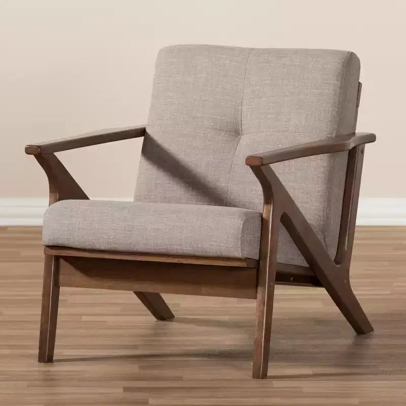 Fauteuil capitonné gris clair, finition noyer, 1 place