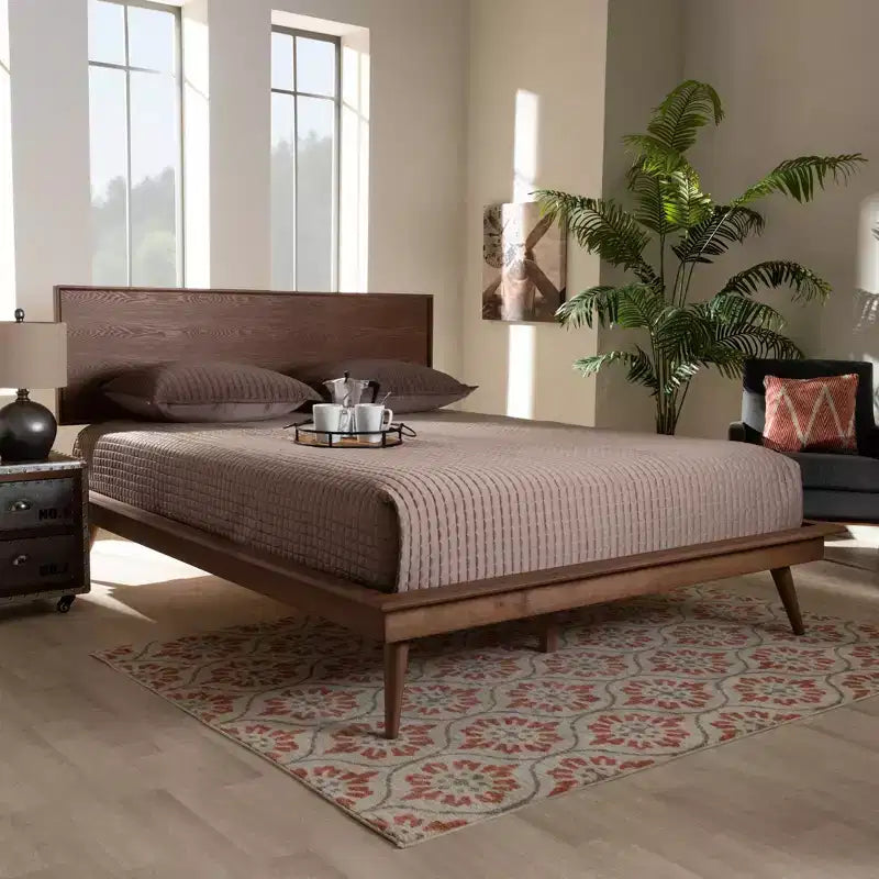 Lit plateforme king en noyer brun – Moderne du milieu du siècle, 1 personne, aucun sommier requis