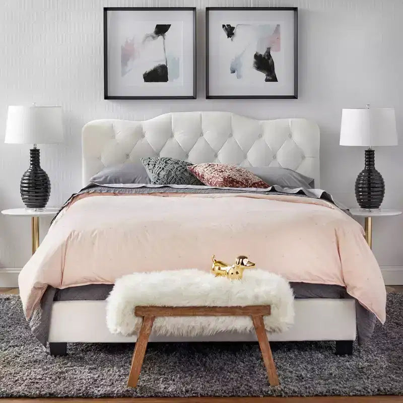 Lit capitonné en velours blanc « Queen » – Tête de lit en forme de dos de chameau, pas besoin de sommier tapissier