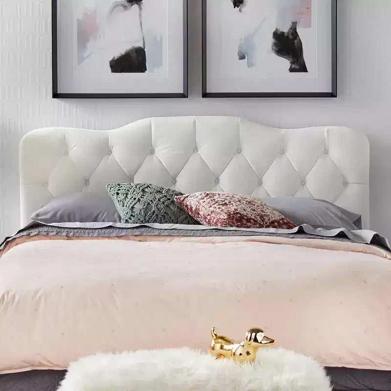 Lit capitonné en velours blanc « Queen » – Tête de lit en forme de dos de chameau, pas besoin de sommier tapissier