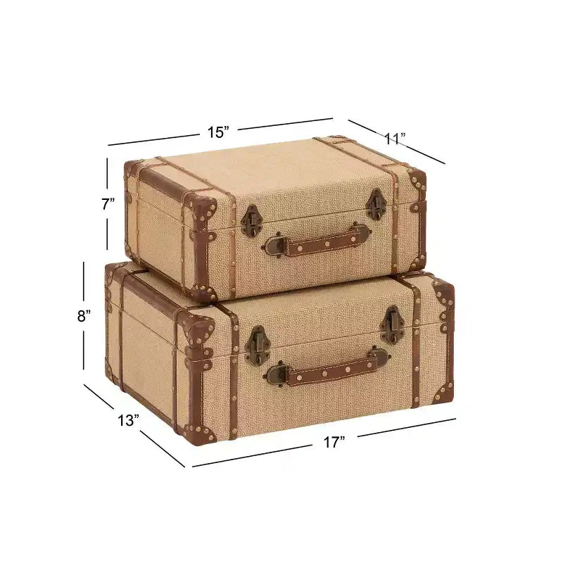 Lot de 2 malles de rangement vintage beiges et marron – Couvercle à charnière