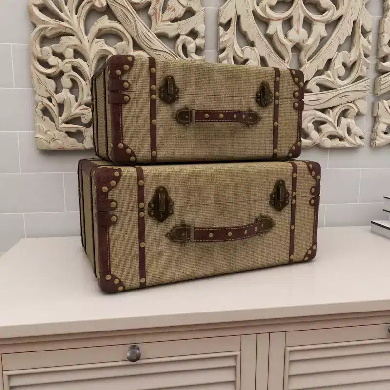 Lot de 2 malles de rangement vintage beiges et marron – Couvercle à charnière