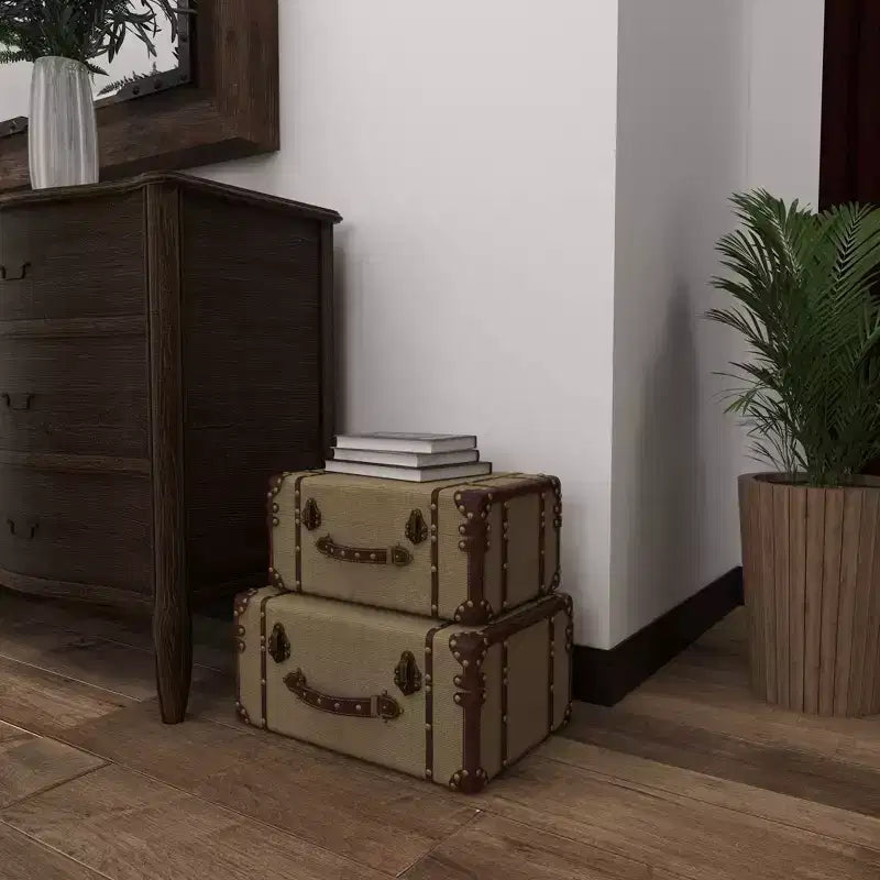 Lot de 2 malles de rangement vintage beiges et marron – Couvercle à charnière