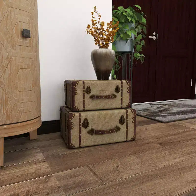 Lot de 2 malles de rangement vintage beiges et marron – Couvercle à charnière