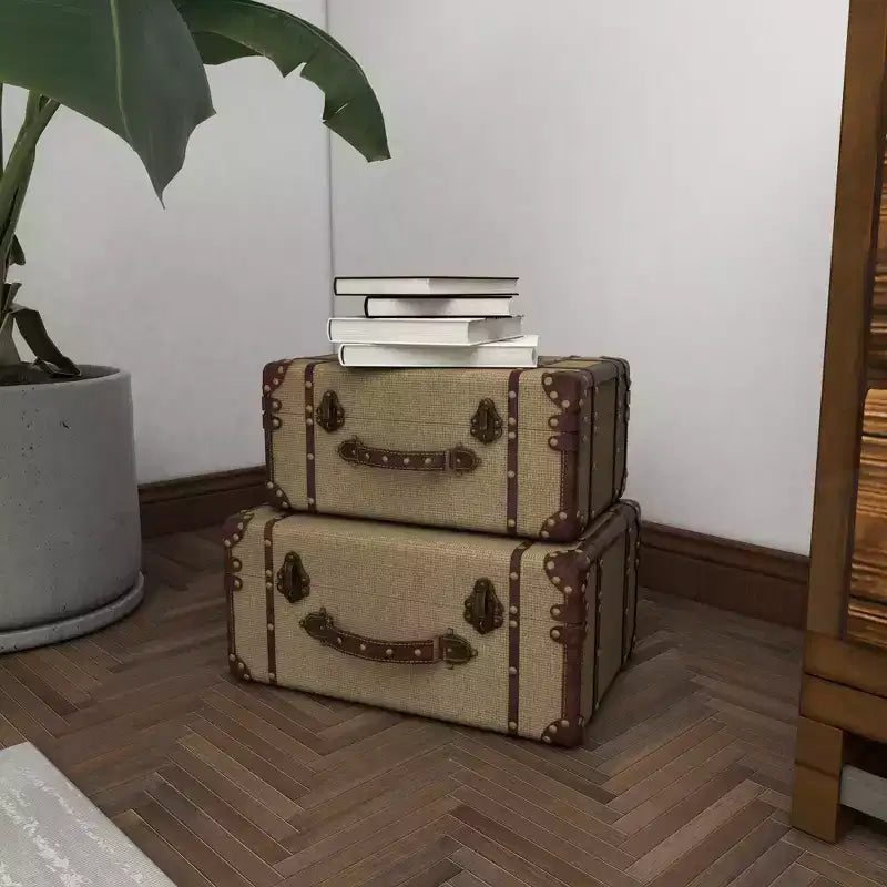 Lot de 2 malles de rangement vintage beiges et marron – Couvercle à charnière