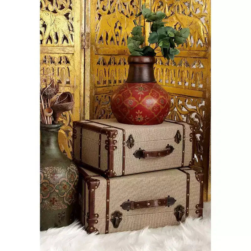 Lot de 2 malles de rangement vintage beiges et marron – Couvercle à charnière
