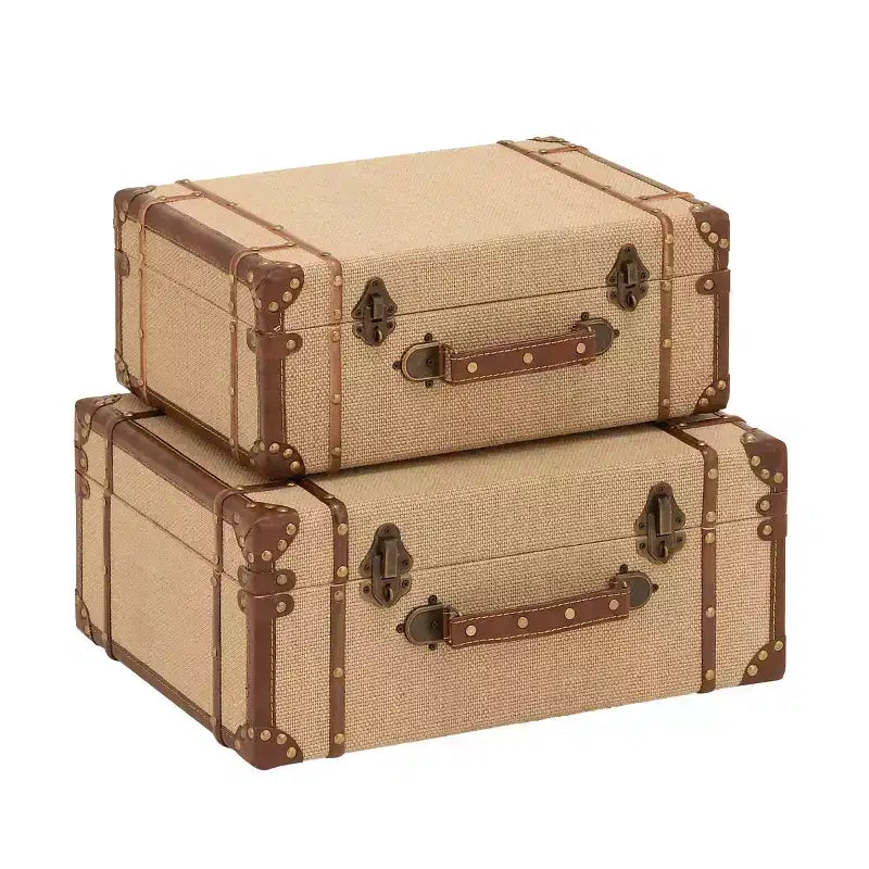 Lot de 2 malles de rangement vintage beiges et marron – Couvercle à charnière