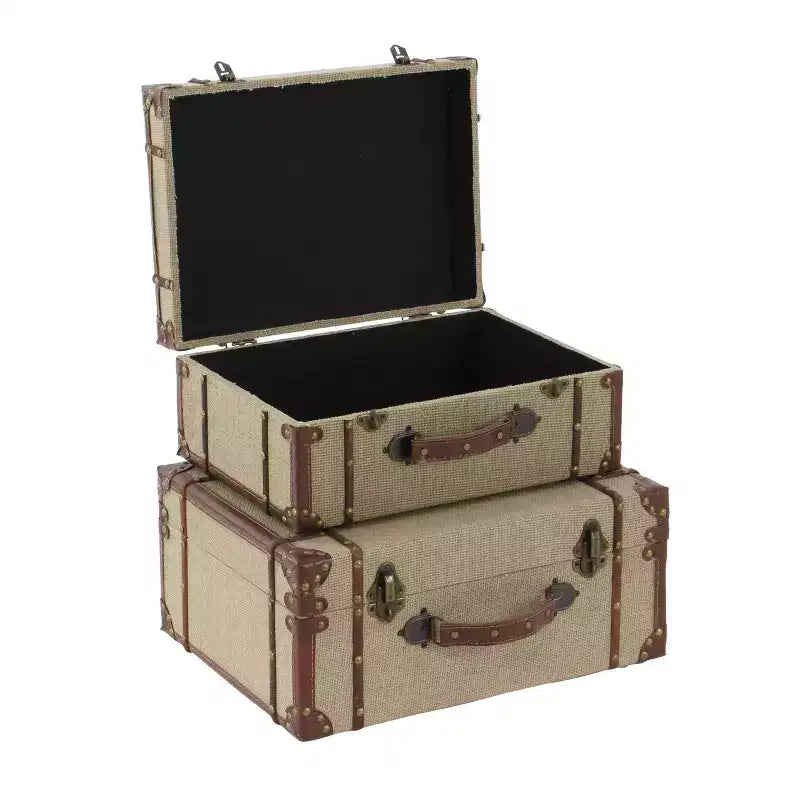 Lot de 2 malles de rangement vintage beiges et marron – Couvercle à charnière