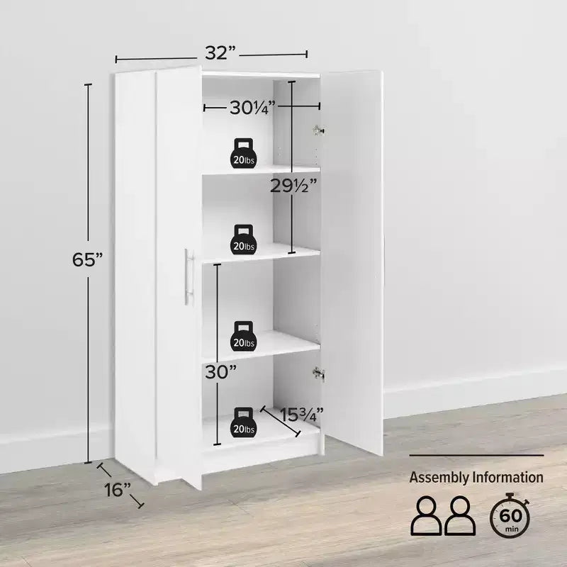 Armoire de rangement sur pied blanche à 2 portes, assemblage par 1 personne