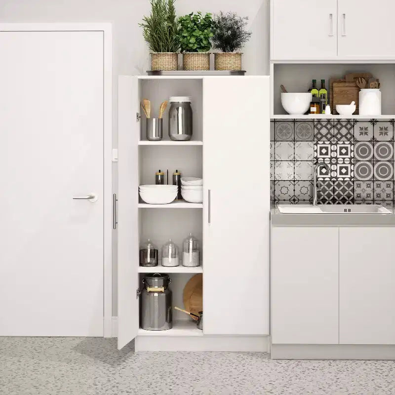 Armoire de rangement sur pied blanche à 2 portes, assemblage par 1 personne