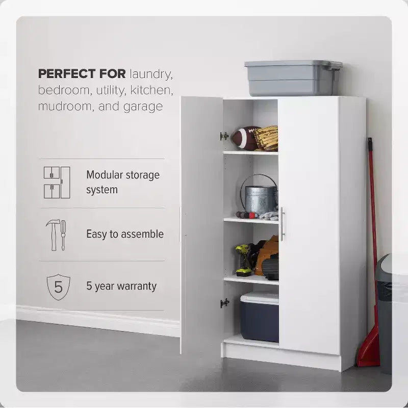 Armoire de rangement sur pied blanche à 2 portes, assemblage par 1 personne