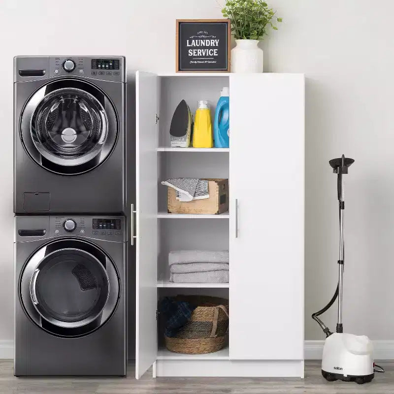 Armoire de rangement sur pied blanche à 2 portes, assemblage par 1 personne