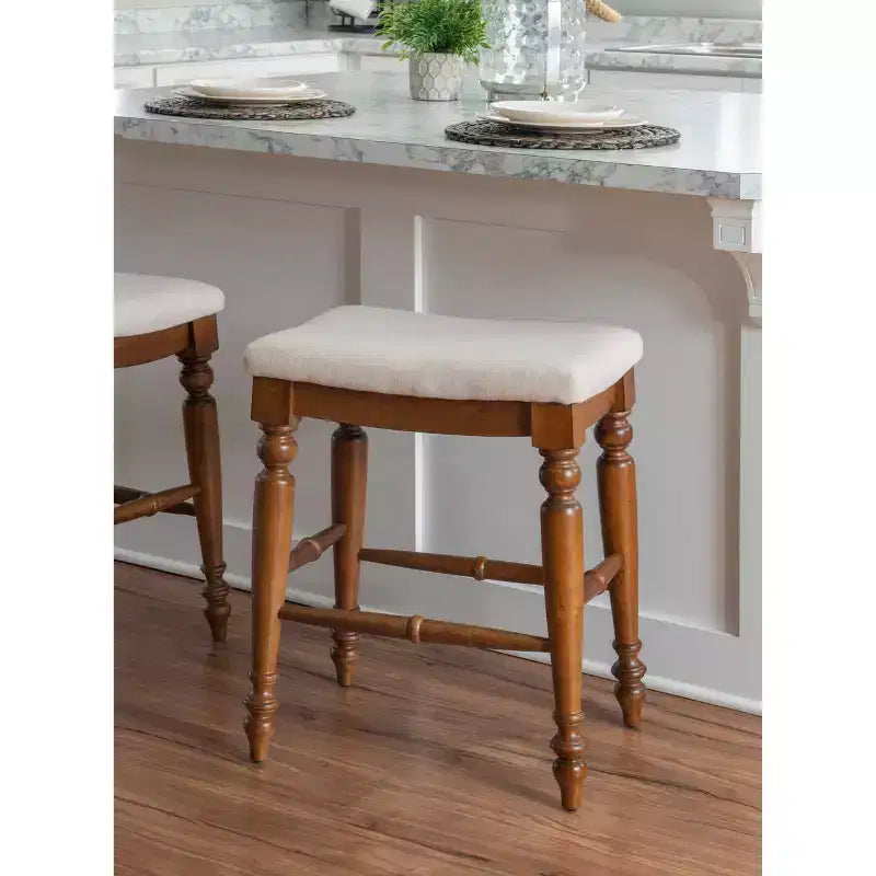 Tabouret de bar sans dossier, assise rembourrée, 1 place – Noir / Bleu / Blanc cassé / Noyer