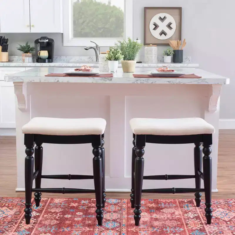 Tabouret de bar sans dossier, assise rembourrée, 1 place – Noir / Bleu / Blanc cassé / Noyer