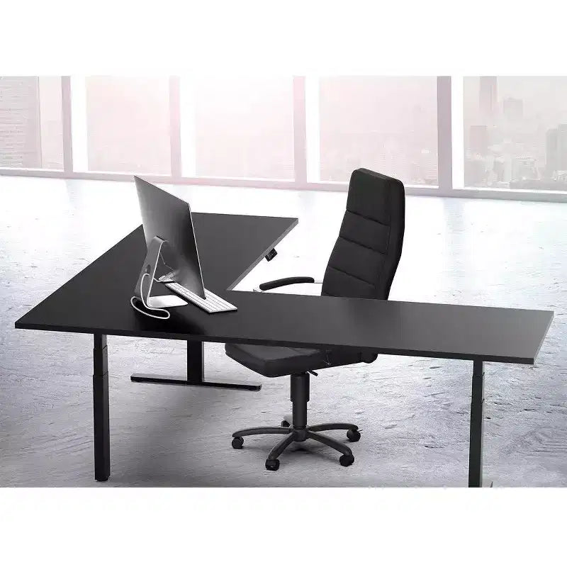 Cadre de bureau d'angle en L noir, triple moteur, 1 personne