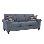 Divano blu con braccioli arrotondati e cuscini decorativi – 3 posti