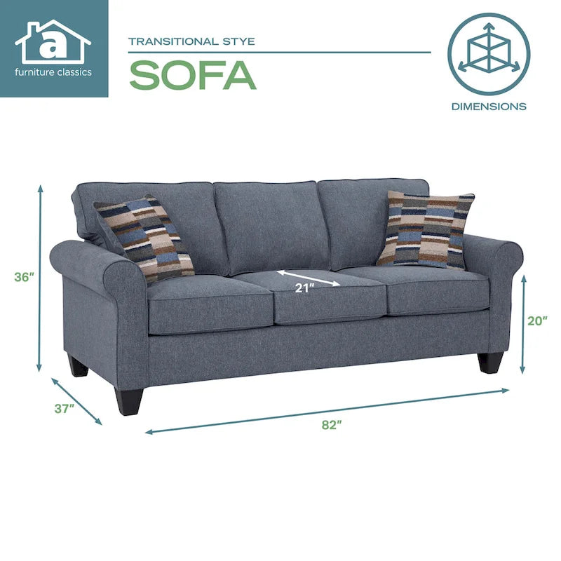Divano blu con braccioli arrotondati e cuscini decorativi – 3 posti