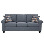 Divano blu con braccioli arrotondati e cuscini decorativi – 3 posti