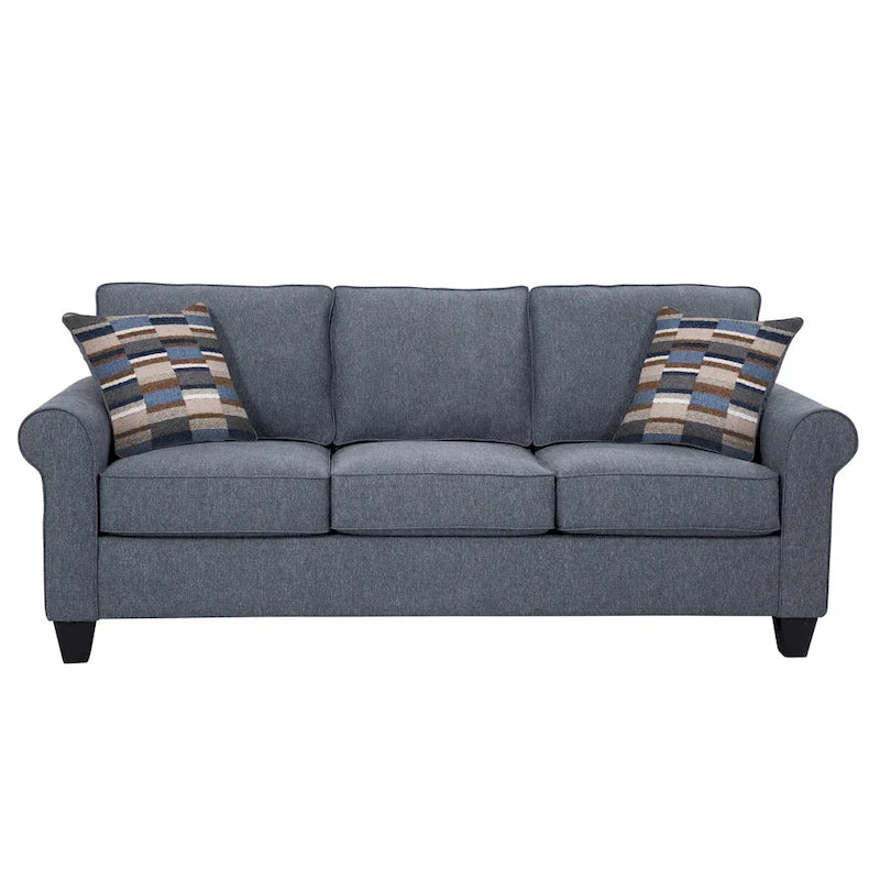 Divano blu con braccioli arrotondati e cuscini decorativi – 3 posti