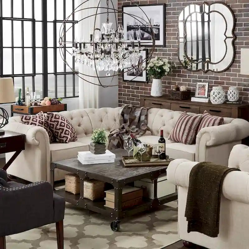 Divano sezionale Chesterfield a L – Trapuntato, 5 posti | Lino / Velluto / Ecopelle