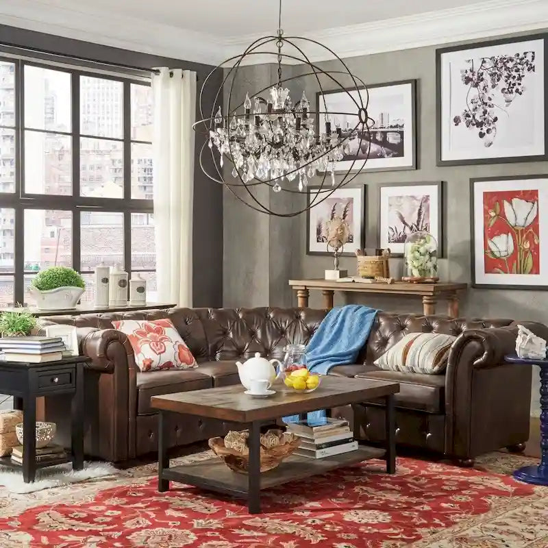 Divano sezionale Chesterfield a L – Trapuntato, 5 posti | Lino / Velluto / Ecopelle