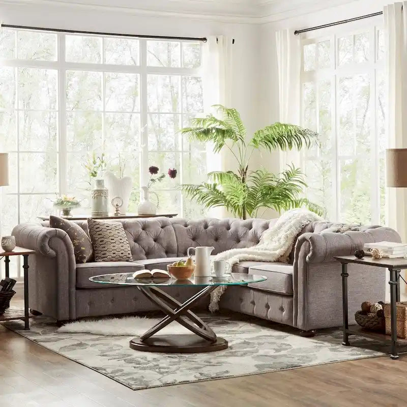 Divano sezionale Chesterfield a L – Trapuntato, 5 posti | Lino / Velluto / Ecopelle
