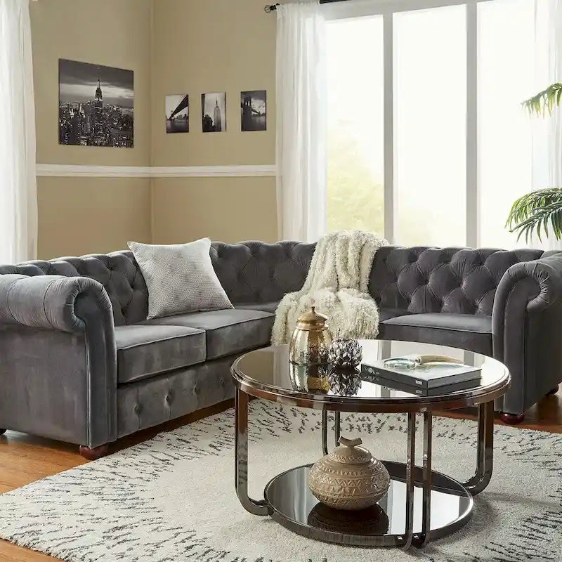 Divano sezionale Chesterfield a L – Trapuntato, 5 posti | Lino / Velluto / Ecopelle